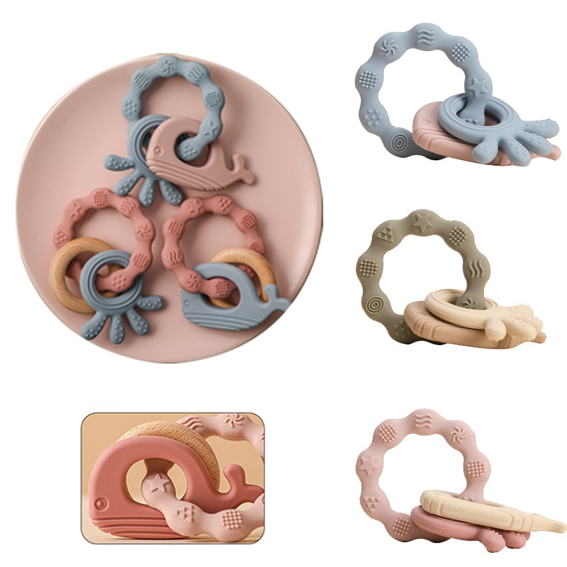 1PC Baby Teether Silicone Bracelet BPA Free Cute Whale Pendant Wooden Ring Teething Rattle Baby Accessories Kids Biting Toys