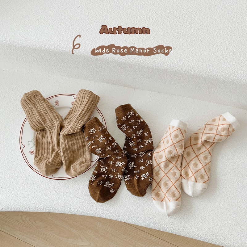 3 Pairs 1-12Year 2022 Autumn Flower Striped Girls Socks Lingge Cute Baby Socks