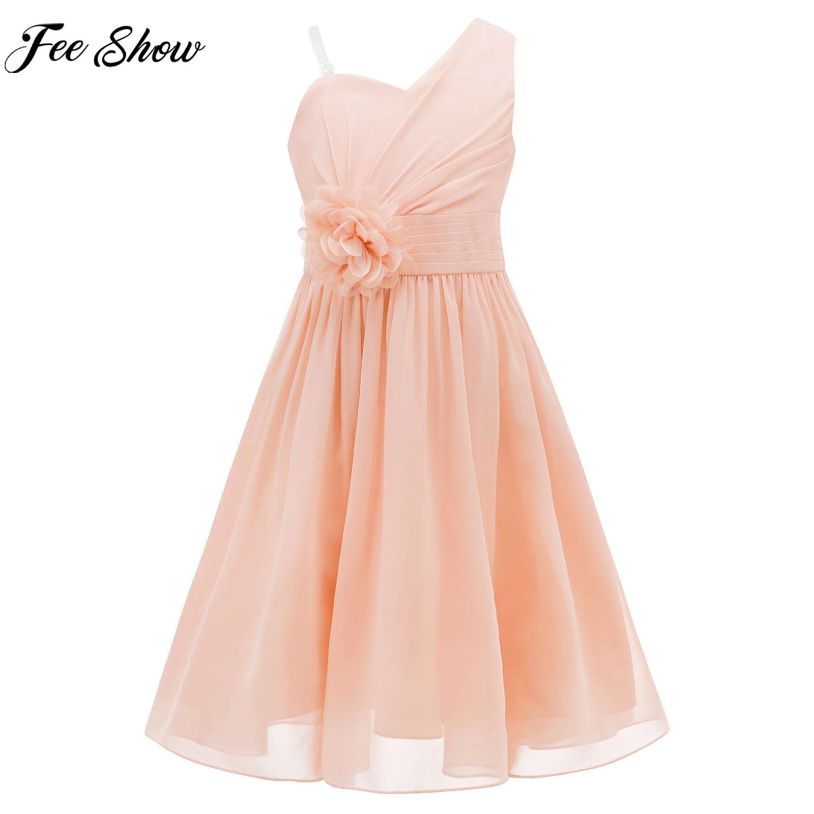 Girls Elegant Satin Chiffon Party Dress One Shoulder Pleated 3D Applique Wedding Bridesmaid Birthday Prom Evening Princess Dress