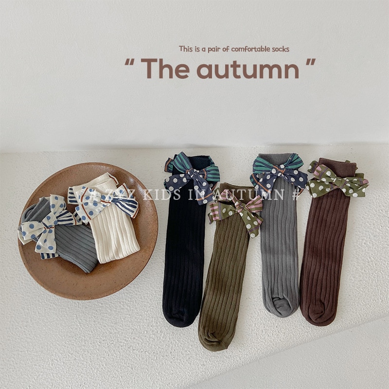 3-8year Children's socks 2022 autumn wave point bow girl socks cotton double needle middle tube princess socks