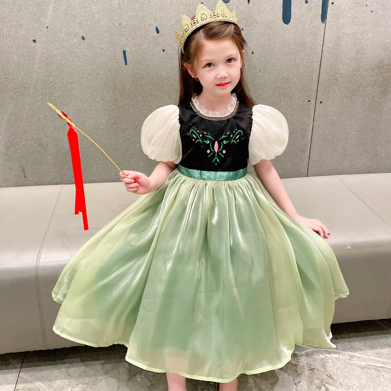 High Quality Girls Anna Elsa Cosplay Costume Puff Sleeves Cute Princess Dress Halloween Christmas Performance Clothes