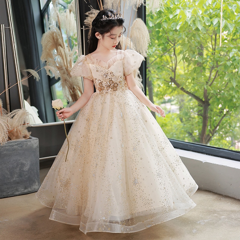 Flower Girl Wedding Banquet Champagne Lace Long Gown Kids Elegant Puffy Birthday Party Dress Pageant Ball Gown Formal Vestido
