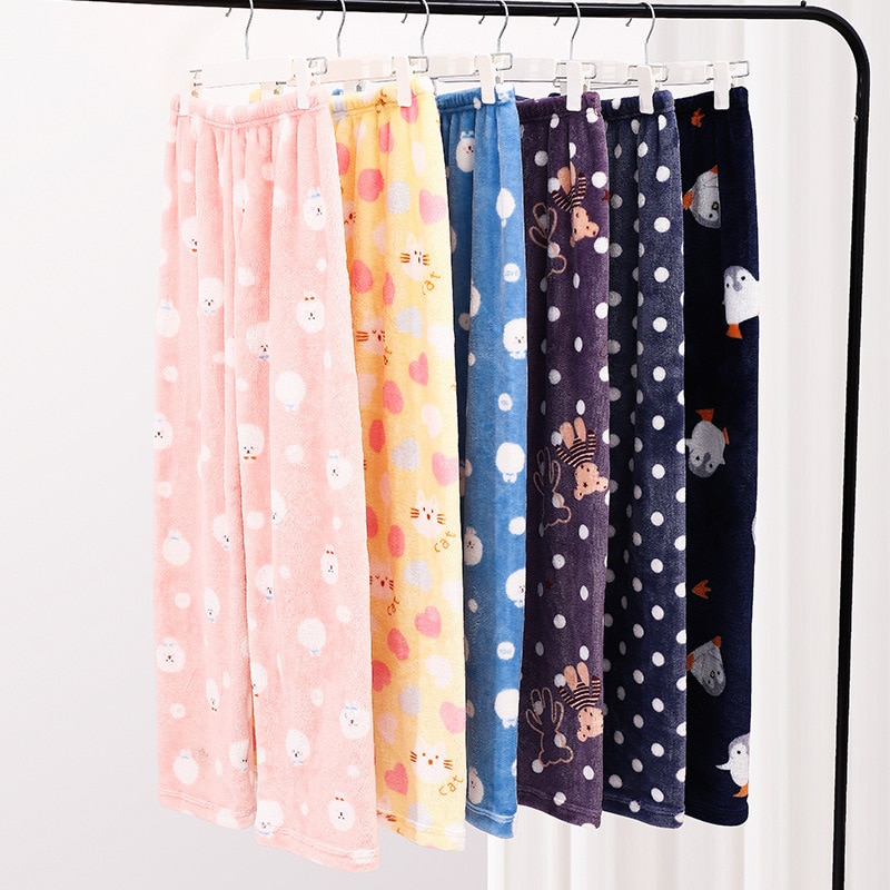 Pajama Pants Women Fluffy Warm Flannel Sleepwear Animal Dot Sleeping Pants Woman Cute Cartoon Home Clothes Female Pyjamas Winter