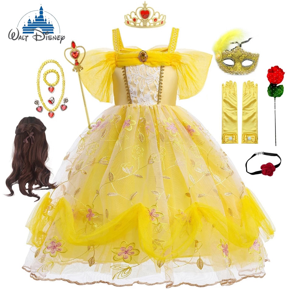 Kids Girls Belle Princess Dress UP Costume Cosplay Beauty and the Beast Ball Gown Flowers Child Halloween Party Fancy Dress Girl