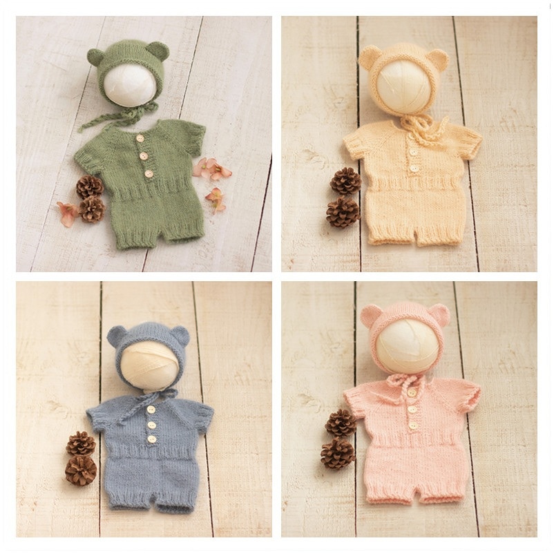 Newborn bear romper photography props,handmade soft bodysuit for newborn props