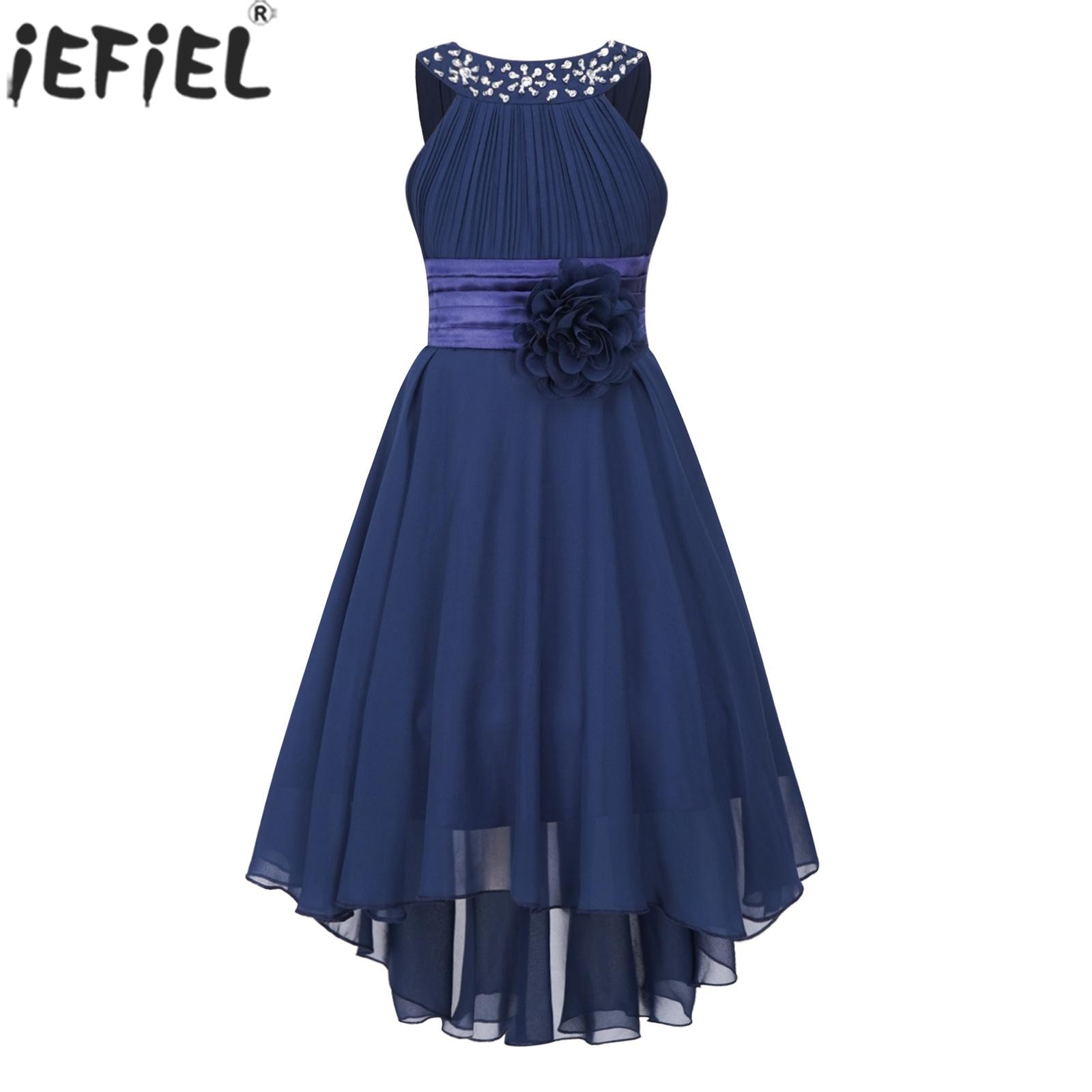 Teen Elegant Chiffon Flower Girls Dress Sleeveless Beaded Hi-low Hem Evening Princess Wedding Bridesmaid Birthday Party Dress