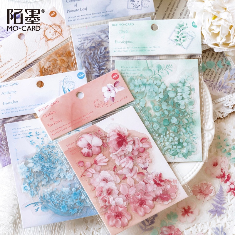 40 Pcs Flowers Leaves Scrapbook Aesthetic Stickers Set Decorative Floral Plant Decals PET Sticker For Journals Arts Crafts Diy