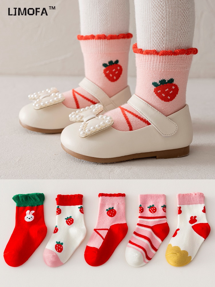 LJMOFA 5 Pairs Kid Cotton Socks Pink Strawberry Baby Girls Socks Cute Cartoon Breathable Socks For 1-12Y Child Sock C153