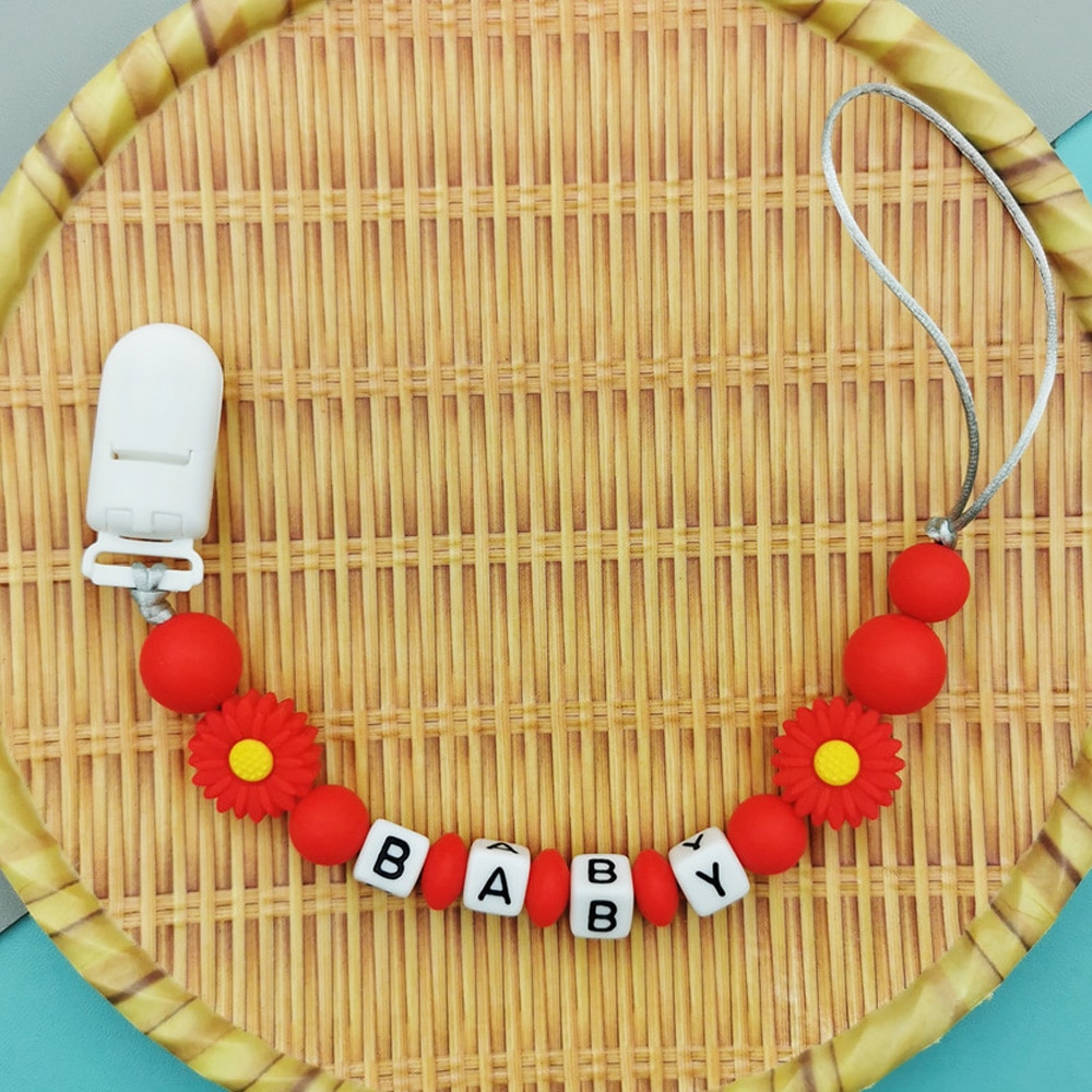 Custom English Russian Acrylic Letter Name Silicone Flower Beads Baby Pacifier Chain Clip Teether Pendant Kawaii Baby Toy Gifts