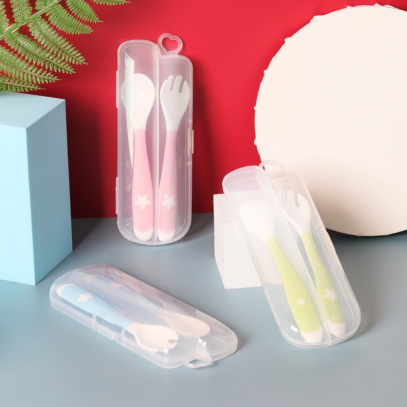 2Pcs/set Baby Learn To Eat Training Spoon Elbow Twisted Spoon Bendable Fork Spoon Set Baby Food Supplement Tableware With Box