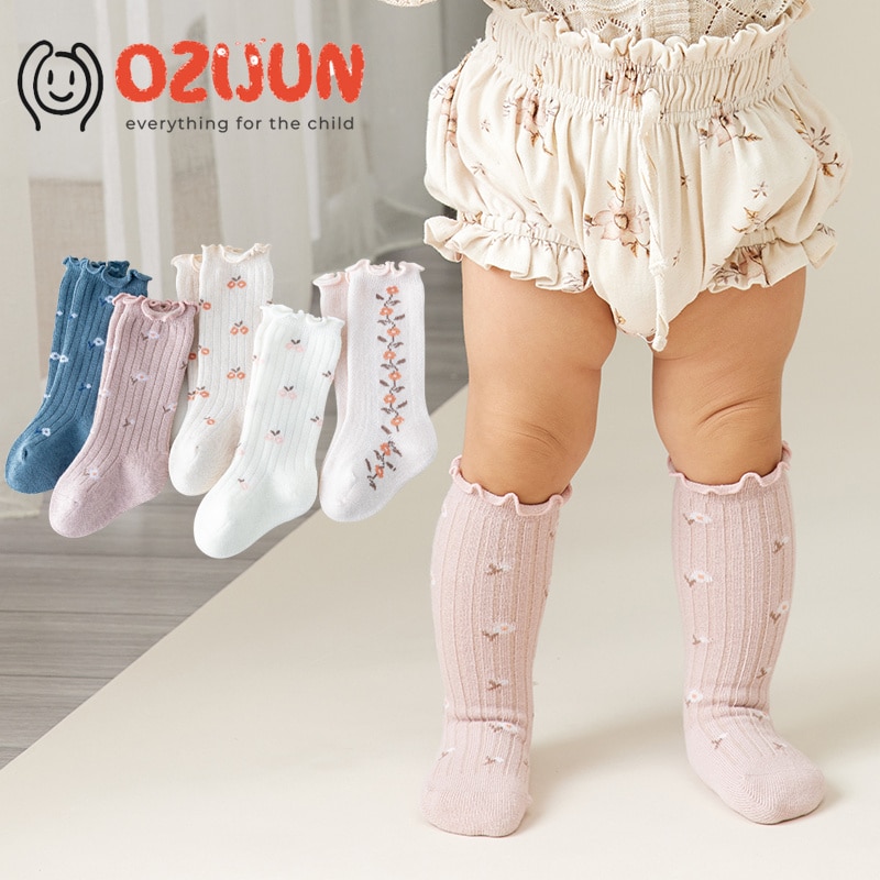 New Spring Fall Kids Ages 0-5 Years Stockings Combed Cotton Vintage Styles Retro Floral Baby Knee High Socks Squiggles Lace Trim