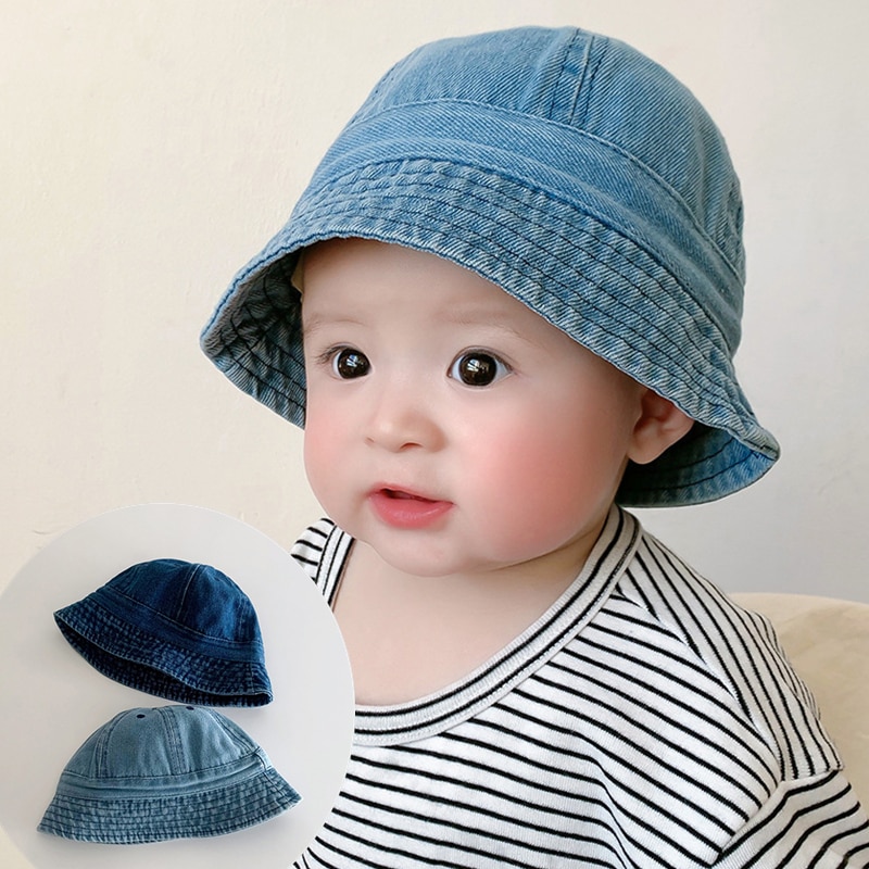 Foldable Baby Denim Bucket Hat Vintage Kids Sun Protection Caps Summer Fisherman Hat Windproof Strap Boys Girls Sunshade Hat