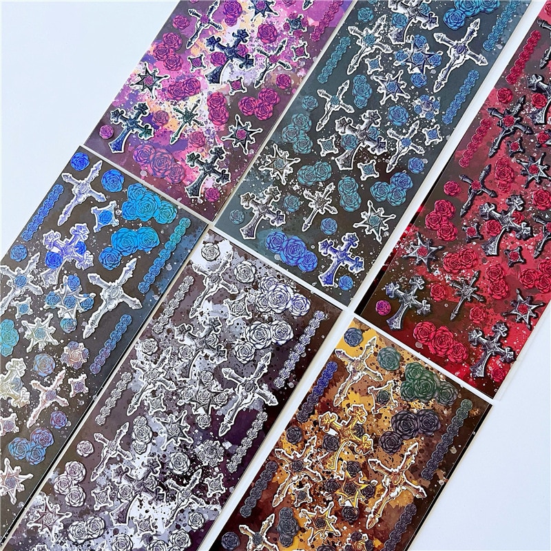 1Sheet Cool Cross Rose Stickers Personalized DIY Material Decorative Adhesive Art Supplies Stationery