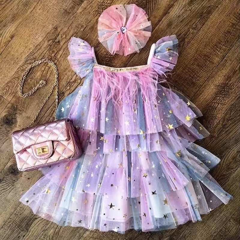 New 2022 Girls Suspenders Flying Sleeves Star Sequin Cake Dress Layered Feather Super Fairy Dress Birthday Banquet Dress 2-8T