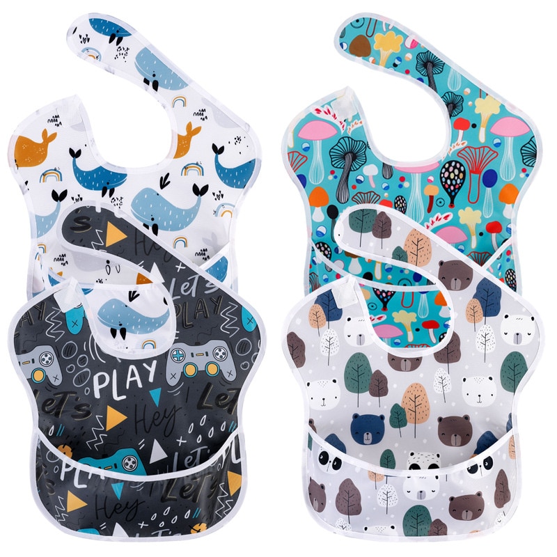 1PCS Waterproof Baby Bibs 100% Polyester TPU Coating Feeding Bibs Washable Baby Bibs with Food Catcher