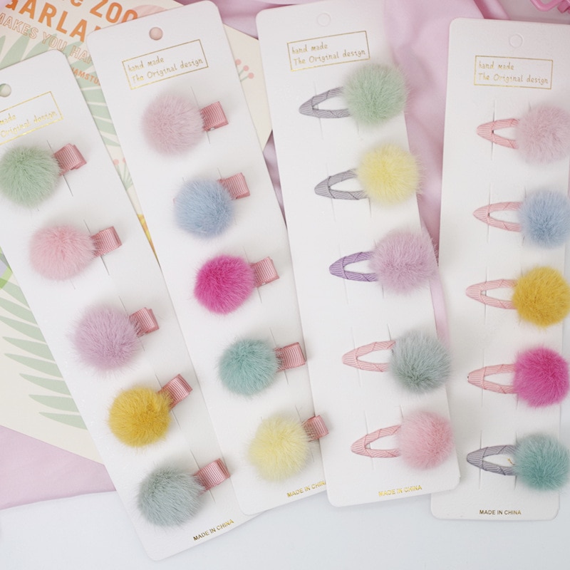 5Pcs/Set Pompom Baby Hair Clips Cute Fur Ball Kids Gripper Hairpins For Baby Girls Princess Soft Furry Newborn Barrette Headwear