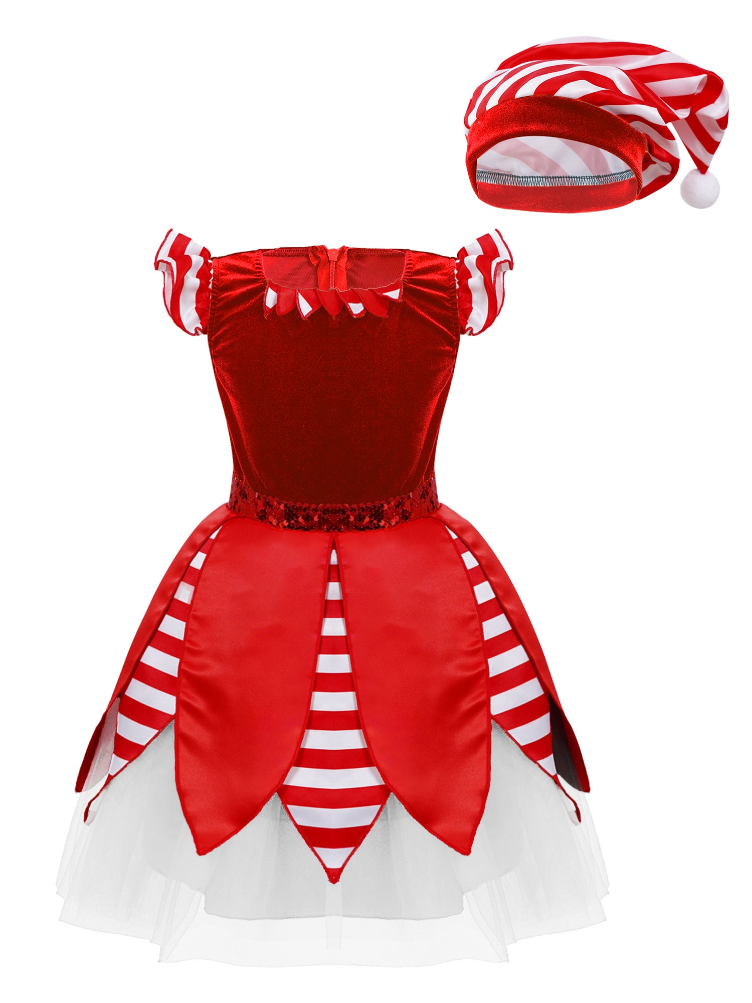 Kids Little Girls Sequin Tutu Dress Christmas Costume Holiday Santa's Elf Mesh Dresses with Hat Xmas Festive Dress Up Outfi