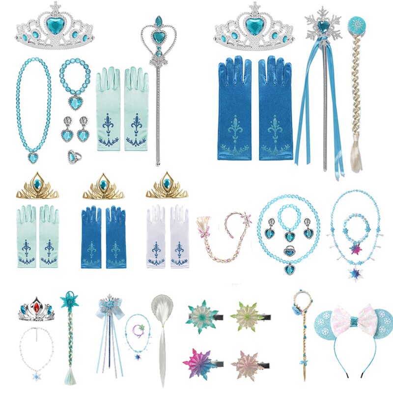 Disney Elsa Princess Cosplay Headwear Girls Crown Magic Wand Necklace Wig Gloves Accessories Earring Bracelet Accessories