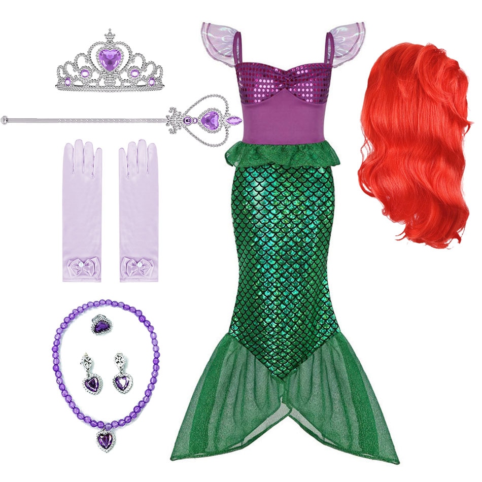 Girls Cosplay Princess Costume Children Little Mermaid Dress Halloween Birthday Party Summer Clothes Kids Performance Long Dress