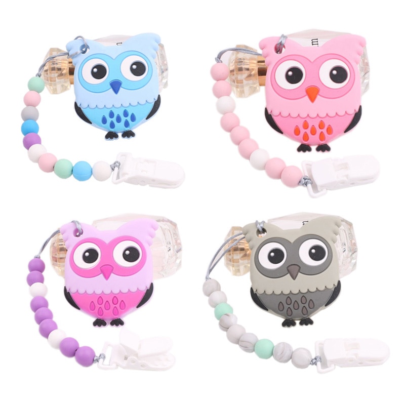 2pcs/set Pacifier Clip Chain Owl Silicone Teether Necklace For Baby Chewable Silicone Beads Cartoon Nursing Gift BPA Free