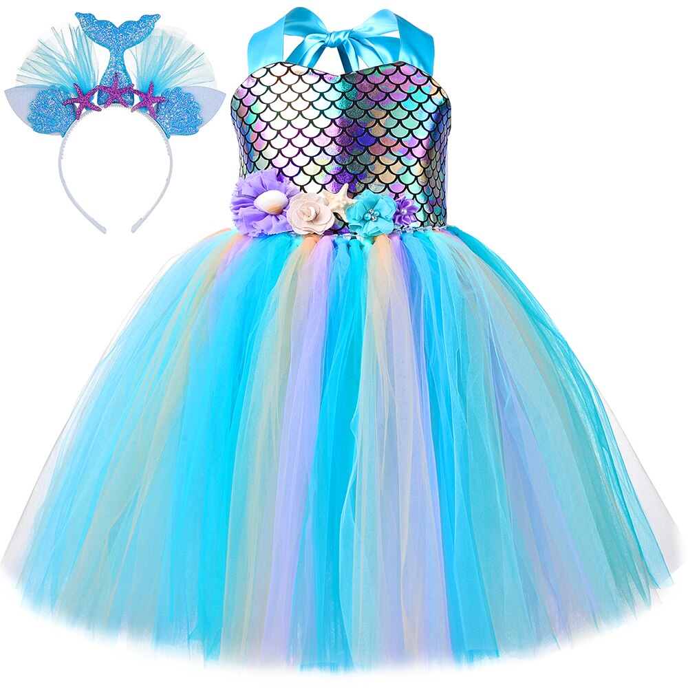 Girls Mermaid Tutu Dress for Kids Halloween Cosplay Costume Ocean Theme Birthday Party Tulle Dresses Children Princess Dress Up