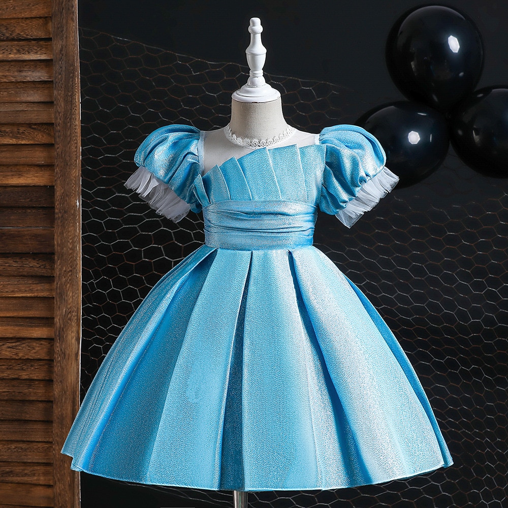 KEAIYOUHUO 2022 New Elegant Blue Party Girl's Ceremonial Dress With Puff Sleeve Girl Princess Birthday Tulle Knee-Length Cl