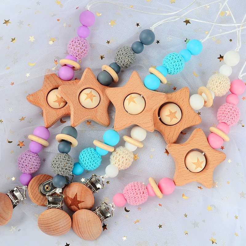 New Wooden Baby Pacifier Clips Star Beaded Infant Pacifiers Chain Bracket Nipple Holder Clip Toddler Toys Newborn Shower Gift