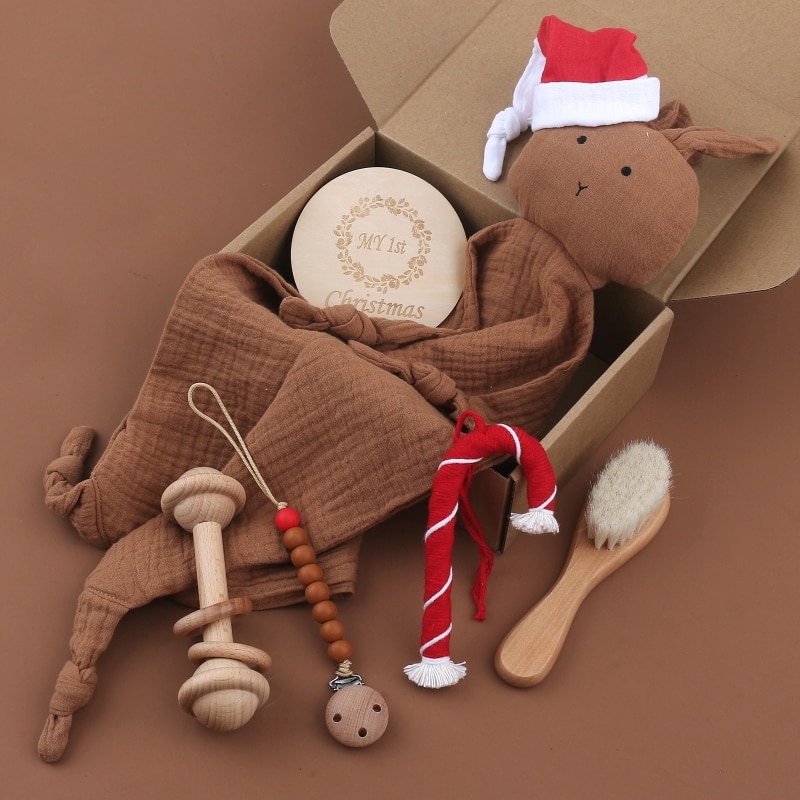 6Pcs/Set Baby Bunny Soothe Appease Towel Beech Wood Rattle Toy Hairbrush Pacifier Chain Clips Newborn Christmas Gift Box