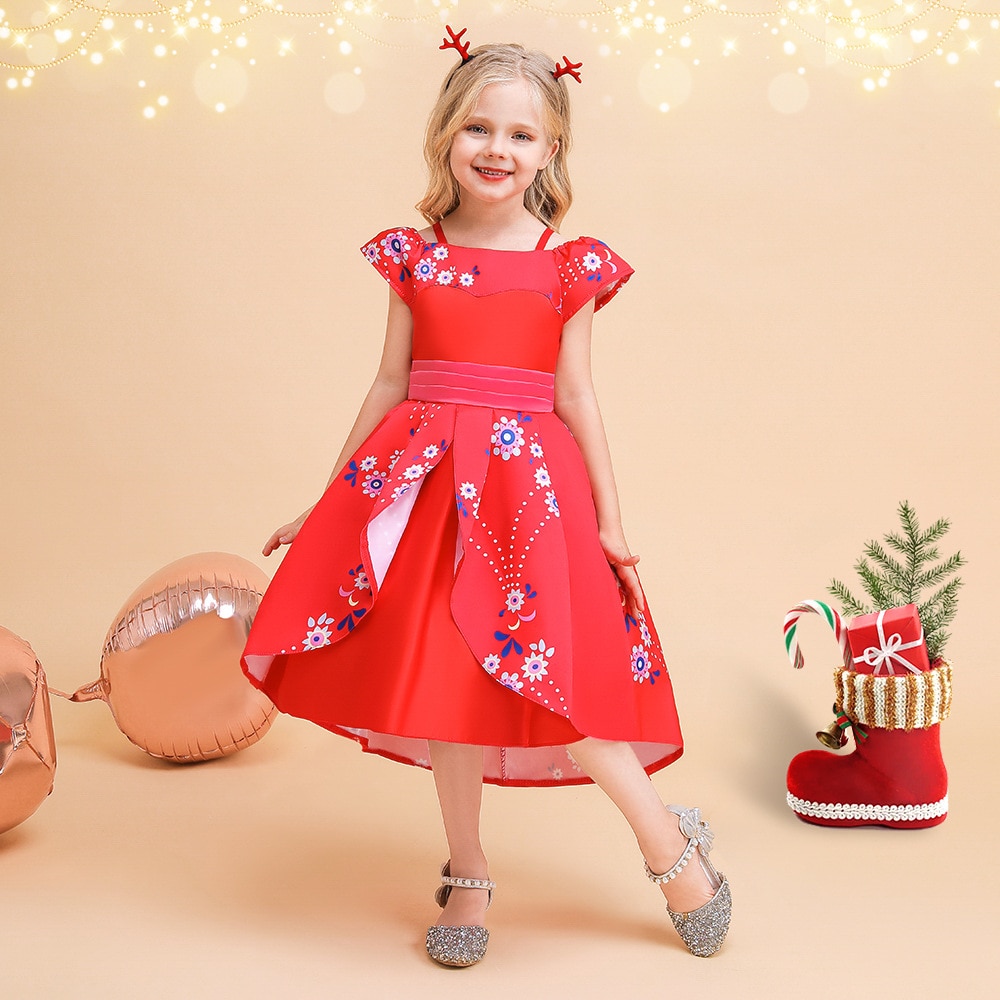 New Elegant Girls Christmas Red Print Formal Dress Cute Cosplay Performance Princess Dress Birthday Knee-Length Tulle Costume