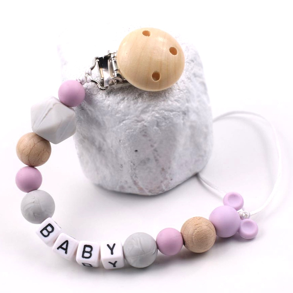 Wood Pacifier Clips Wood Safe Silicone Beads Teething Toys Anti-drop Chain Teethers Dummy Holder Chains Custom Personalized Name