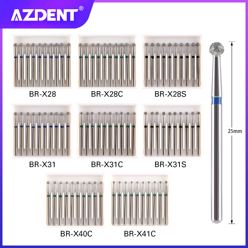 AZDENT 10Pcs/pack Dental Diamond Bur Ball Round Stainless Steel Bur 25mm FG 1.6mm for High Speed Handpiece 450000r/min