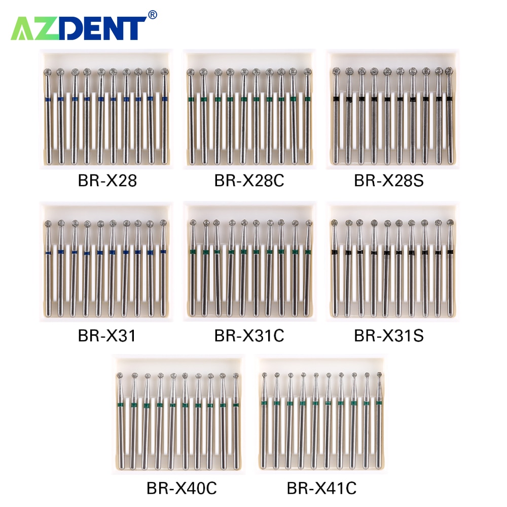 AZDENT 10Pcs/pack Dental Diamond Bur Ball Round Stainless Steel Bur 25mm FG 1.6mm 450000r/min for High Speed Handpiece