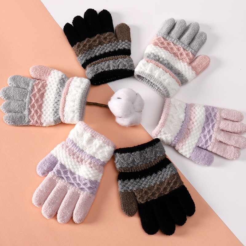 Autumn Winter Soft Knitted Baby Gloves Striped Kids Girls Boys Full Finger Gloves Autumn Winter Warm Children Mittens 3-8 Years