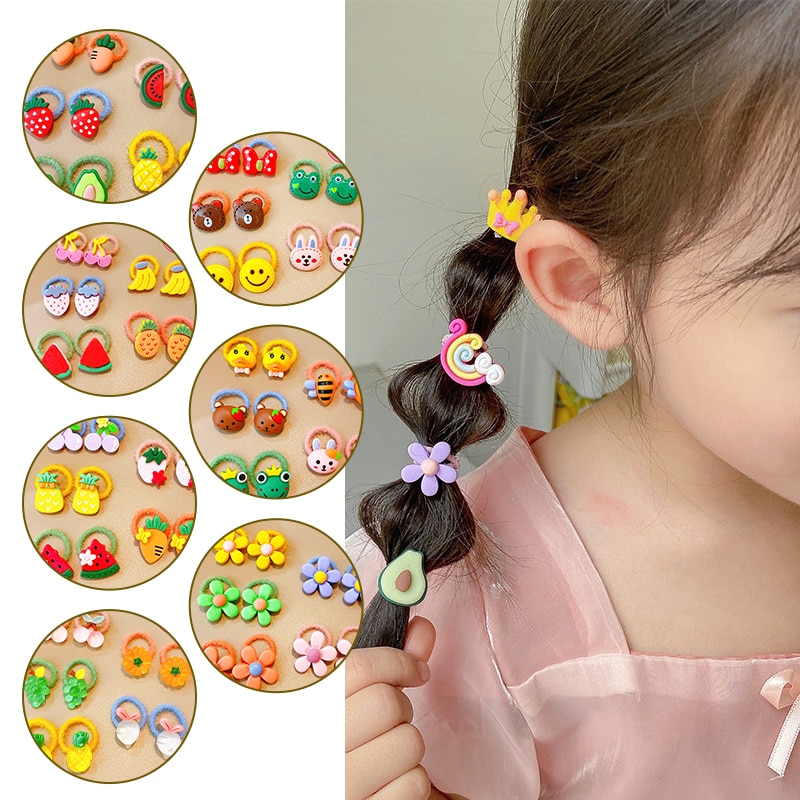 10Pcs/Set Baby Girls Cute Cartoon Flower Thumb Ring Scrunchies Rubber Bands Children Sweet Hair Bands Kid Hair Accessories