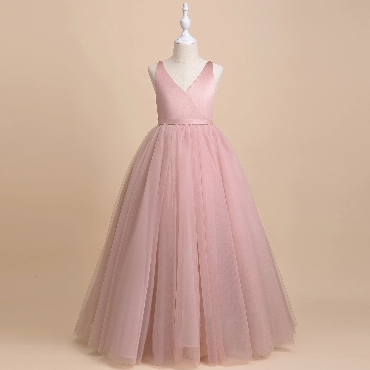 Flower Girl Wedding Banquet Lace Long Dress For Kids Elegant V-neck Bow Birthday Party Dress Pageant Ball Gown Formal Vestido