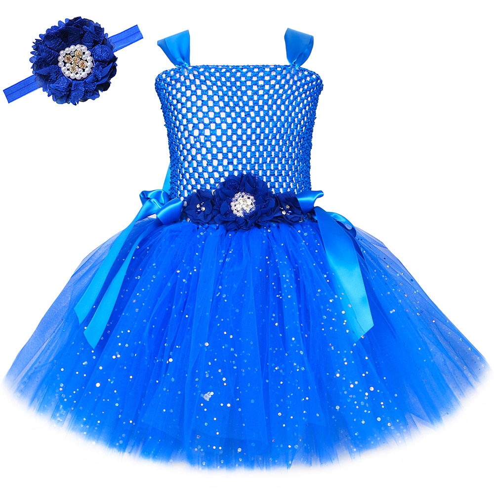 Royal Blue Flower Girl Tutu Dress Sparkly Sequins Tulle Kids Princess Dresses for Girls Birthday Party Costume Children Gowns