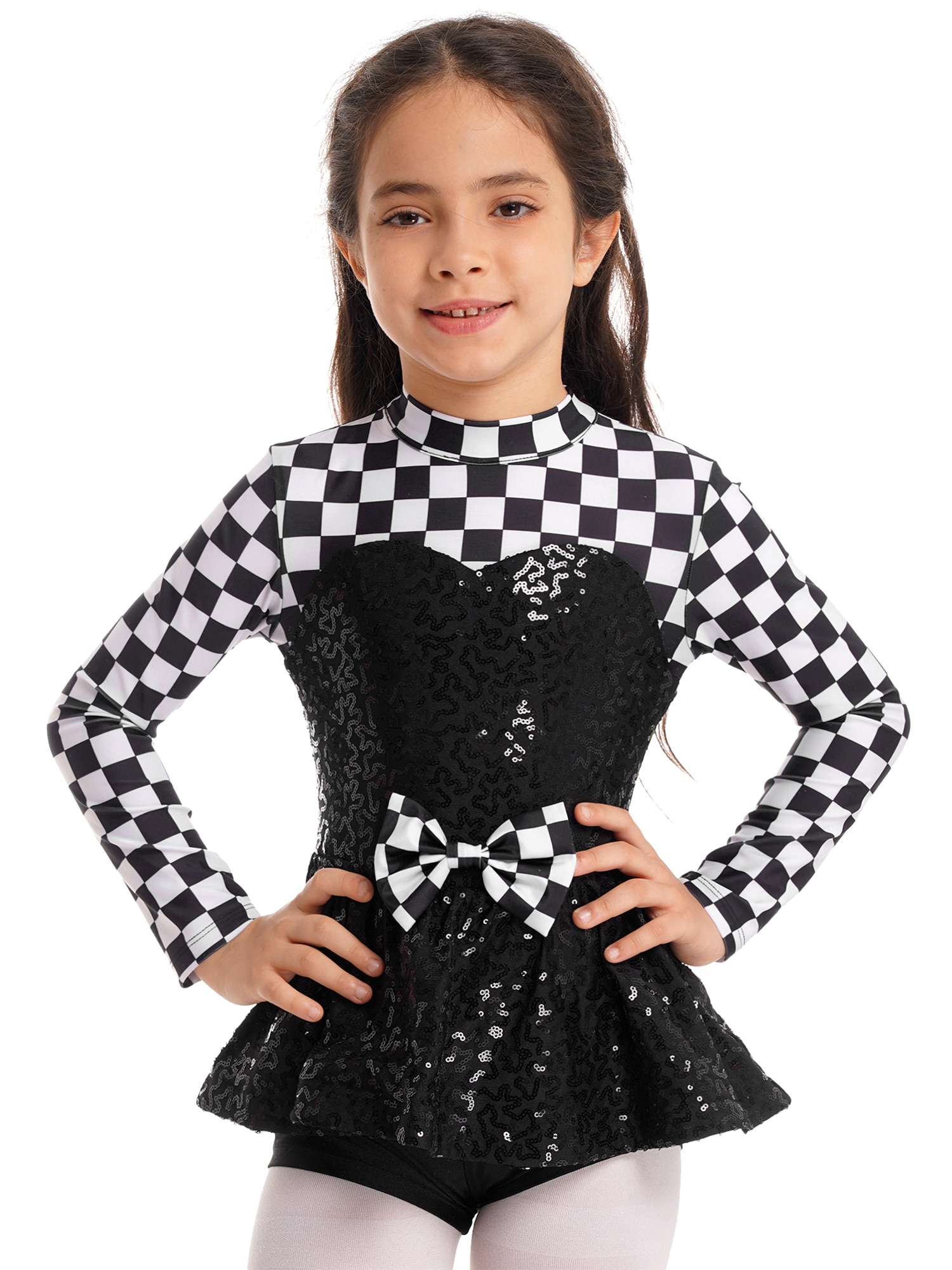 Kids Girls Racer Costume Sequin Checkerboard Printed Bowknot Keyhole Back Bodysuit for Halloween Cosplay Dress Up Performance
