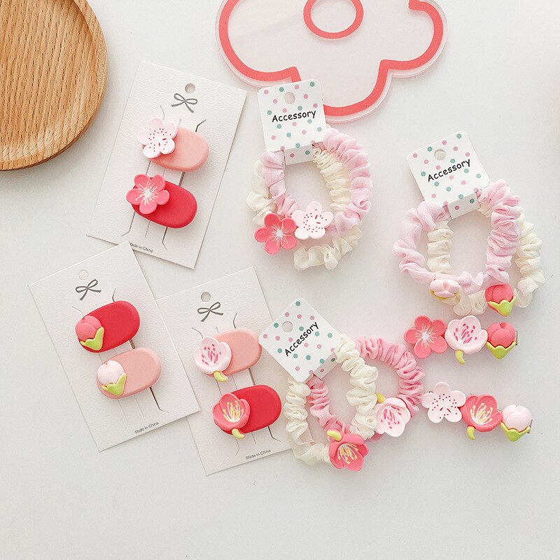 Kawaii Princess Pink White Floral Hairpins Elastic Rubber Weaving Scrunchie Hair Bands Ties Clips Pin for Kid Girls Accessories