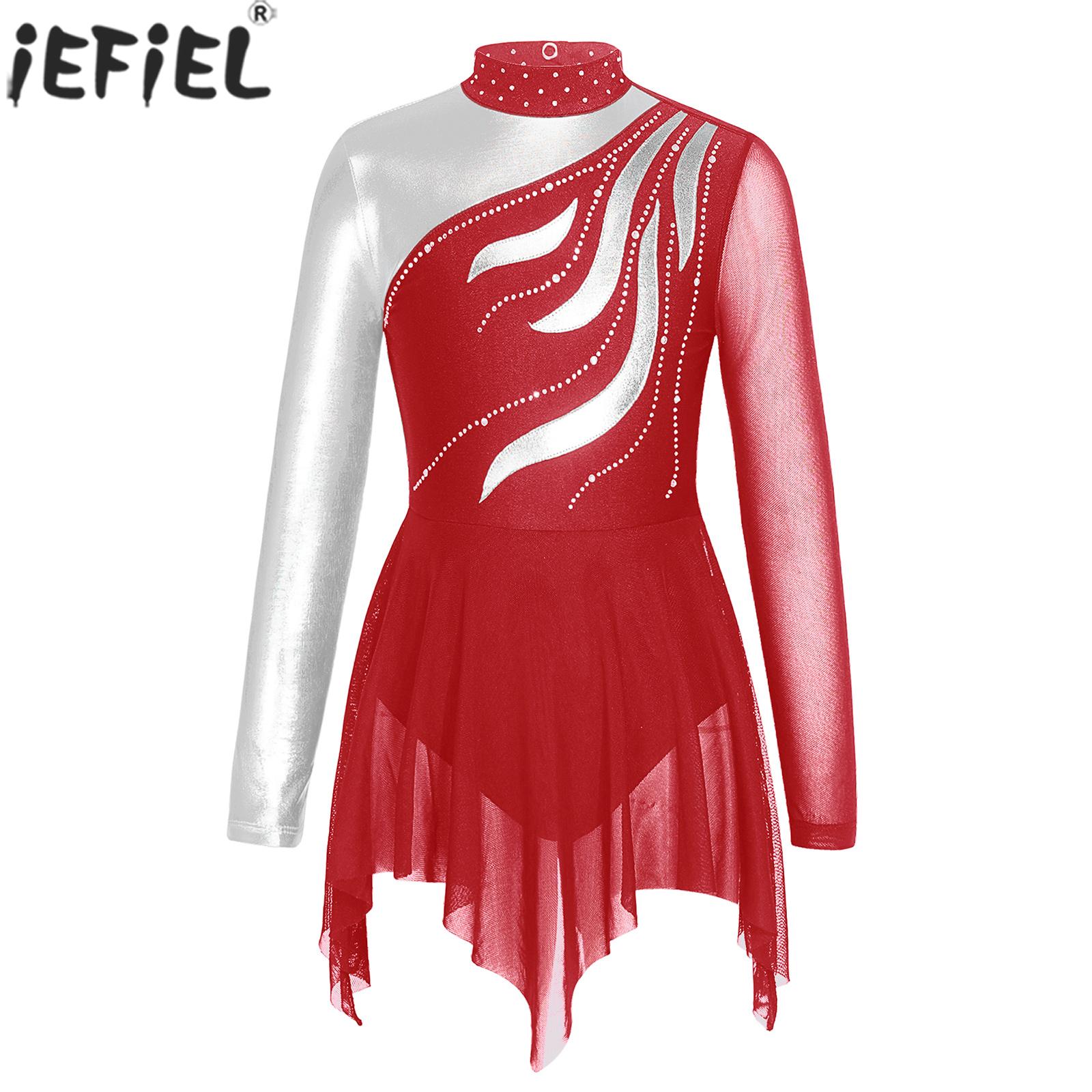 6-16Y Girls Ballet Figure Skating Lyrical Dance Dress Gymnastics Leotard Long Sleeve Shiny Rhinestone Dancewear for Performance