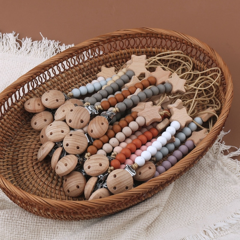 Baby Pacifier Clips Dummy Holder Anti-drop Chain Pentagram Star Silicone Bead Wooden Teether Clip Nipples Clip Soother Chains