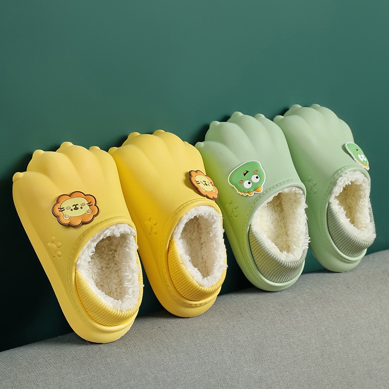 Winter Fur Kids Slippers Waterproof Cotton Slippers Children Warm Plush Cartoon Shape Indoor Slides Cute Animal Girls Boy Shoes
