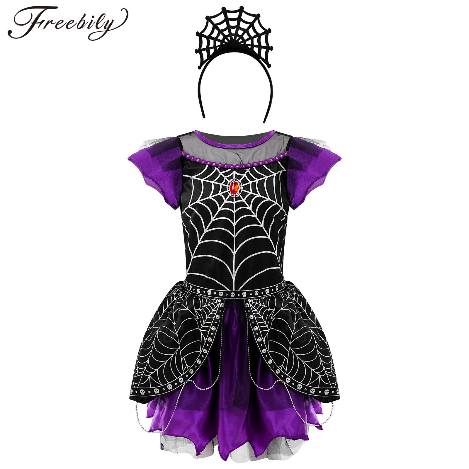 Kids Girls Halloween Spider Witch Dress Costume Shiny Spider Net Print Carnival Cosplay Dress with Headwear Dress Up Clothes