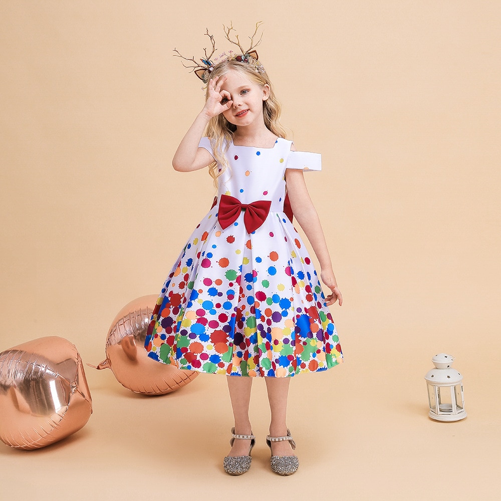 Halloween Printed Polka Dot Princess Girls Dress Sweet Shoulderless Children's Christmas Cosplay Clothing Hairband Two Piec
