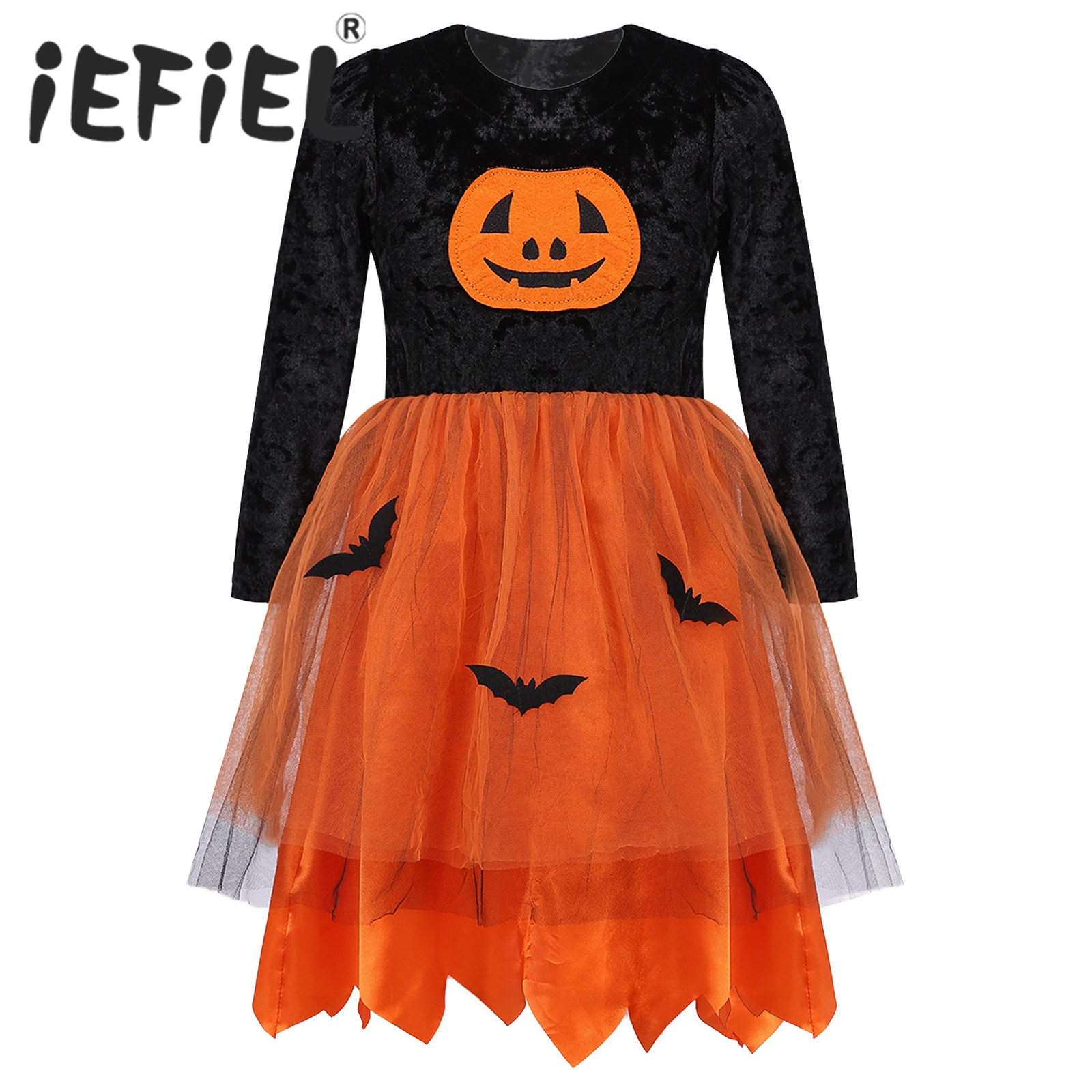 Kid Girls Pumpkin Bat Halloween Costume Carnival Party Cosplay Dress Velvet Tulle Asymmetrical Hem Themed Party Dress Up Clothes