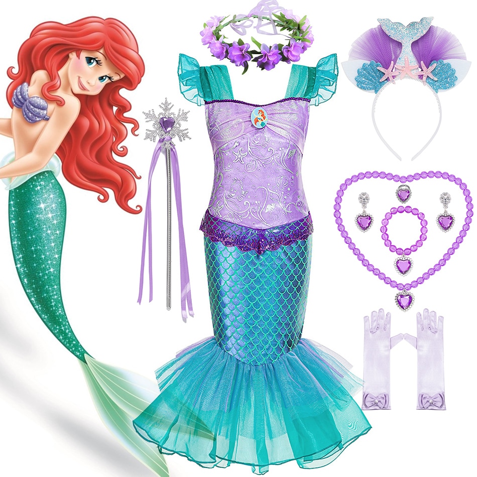 Ariel Dress Girl Mermaid Print Frocks Halloween Disney Princess Cosplay Fishtail Outfit Lace Ruffle Tulle Slim Birthday Costume