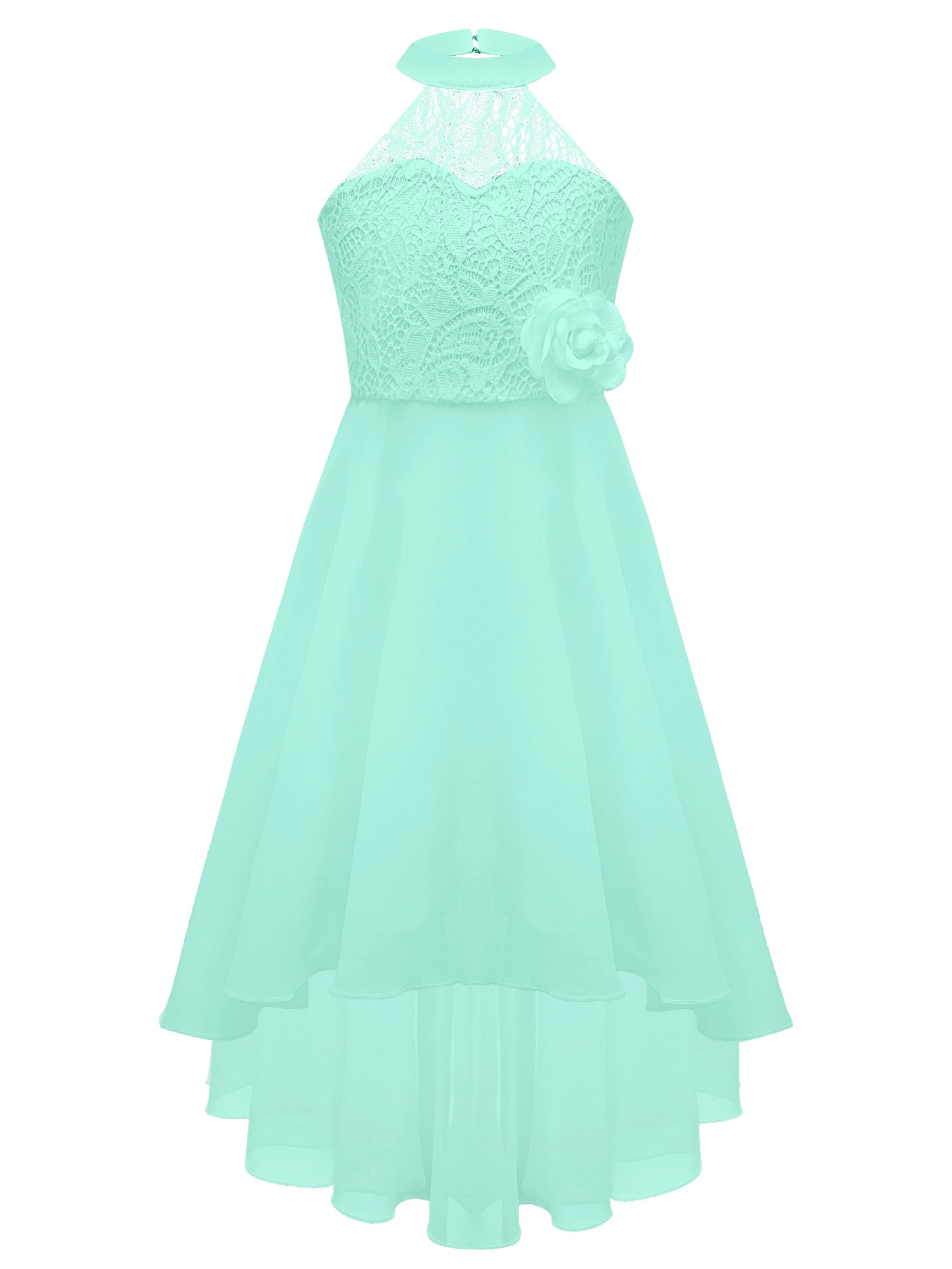 Kids Girls Elegant Lace Chiffon Party Dress Sleeveless Backless Applique-pinned High-low Hem Dress for Evening wedding Dress