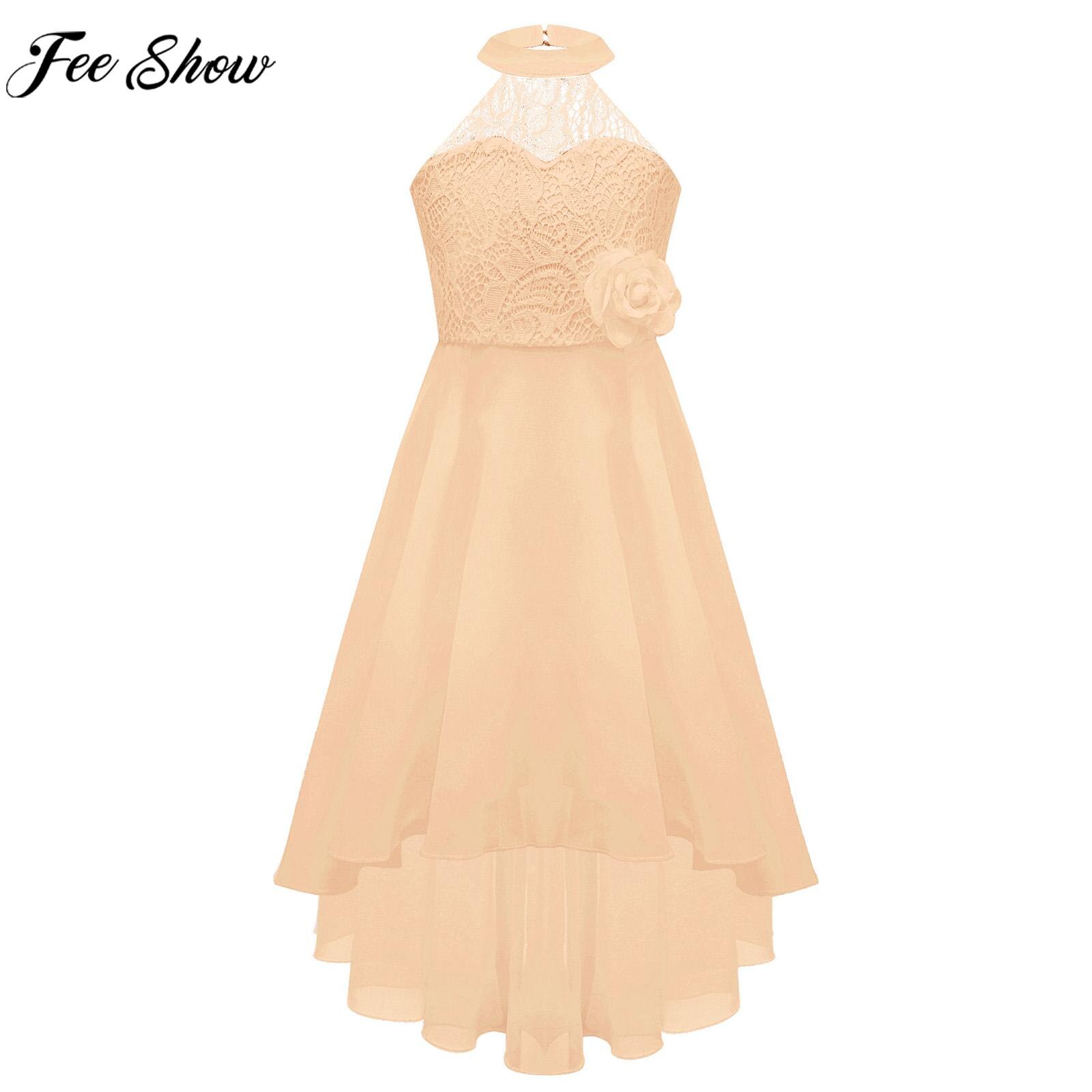 Girls Elegant Applique Lace Chiffon Princess Dress Sleeveless Backless Hi-lo Hem Prom Wedding Bridesmaid Birthday Party Dresses
