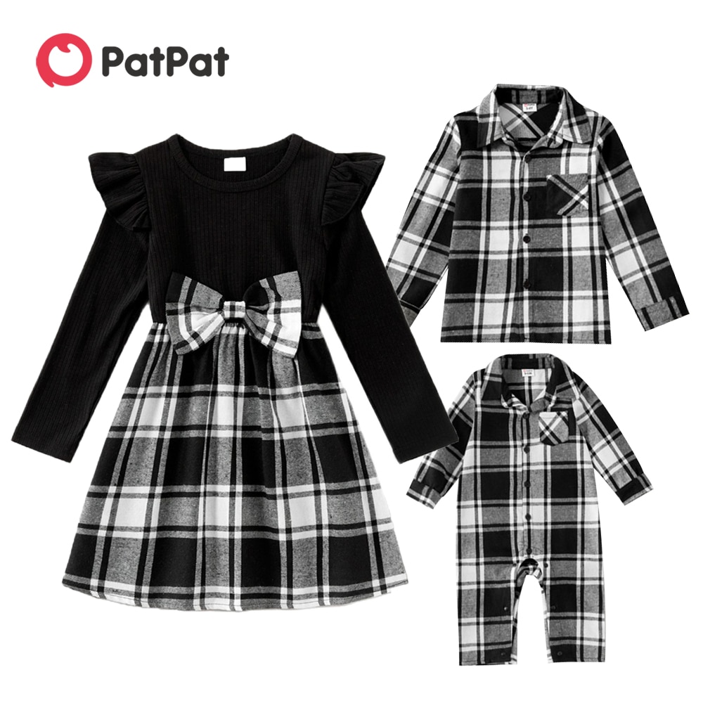 PatPat Sibling Matching Outfits for Brother Sister Long-sleeve Spliced Plaid Dresses and Shirts Family Look