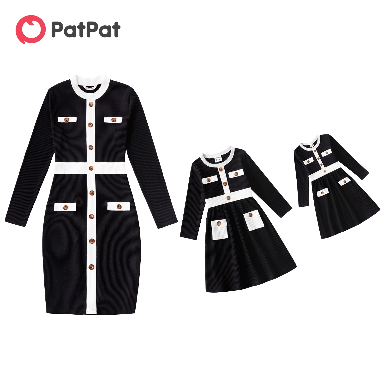 PatPat Long-sleeve Button Front Rib Knit Bodycon Dress for Mom and Me