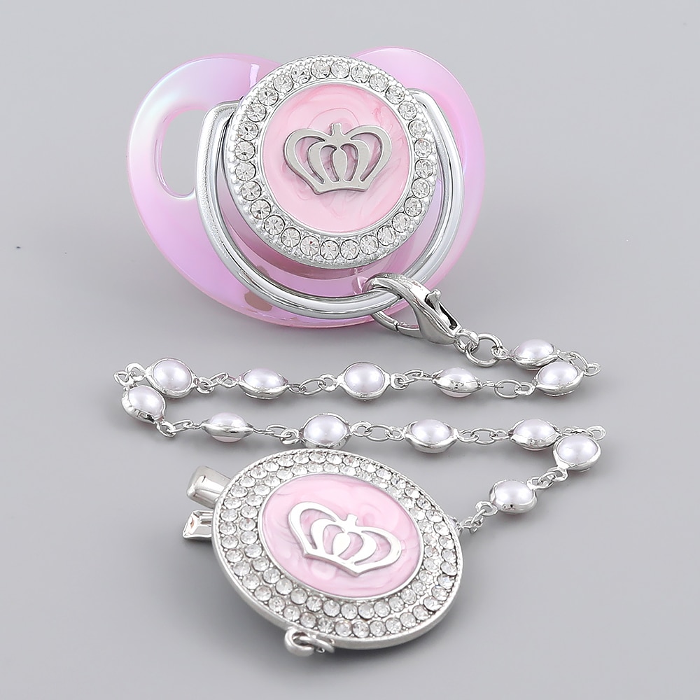Baby Pacifier Holder Pink With Silver Corwn Silicone Pacifier With Rhinestone Infant Nipple Shower Gift Chupetes De Lujo